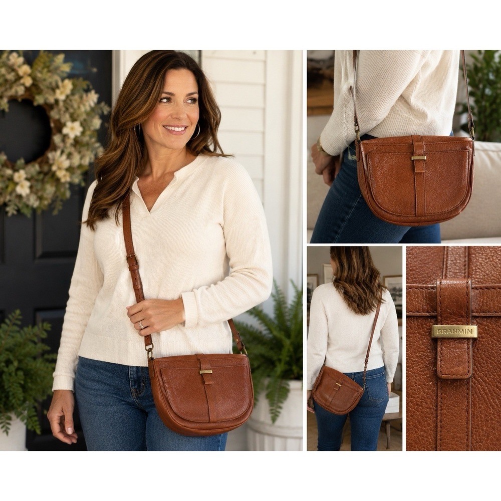 Vintage Brahmin Leather Crossbody Saddle Bag Croc Embossed Brown Turn Lock Purse